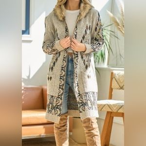 Women's Fall Beige Long Aztec Zippered Cardigan Sweater Jacket Coat with Hoodie